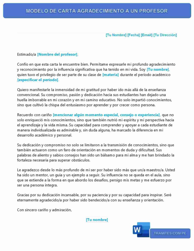 Carta De Agradecimiento A Un Profesor Word