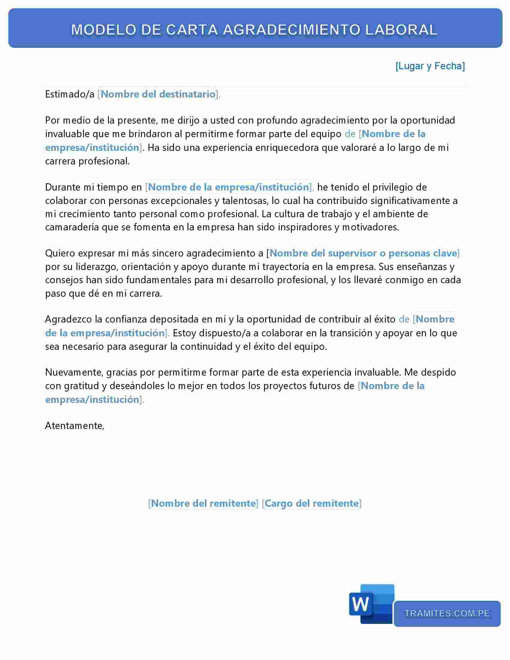 Carta De Agradecimiento Laboral Descargar 【word】 0515