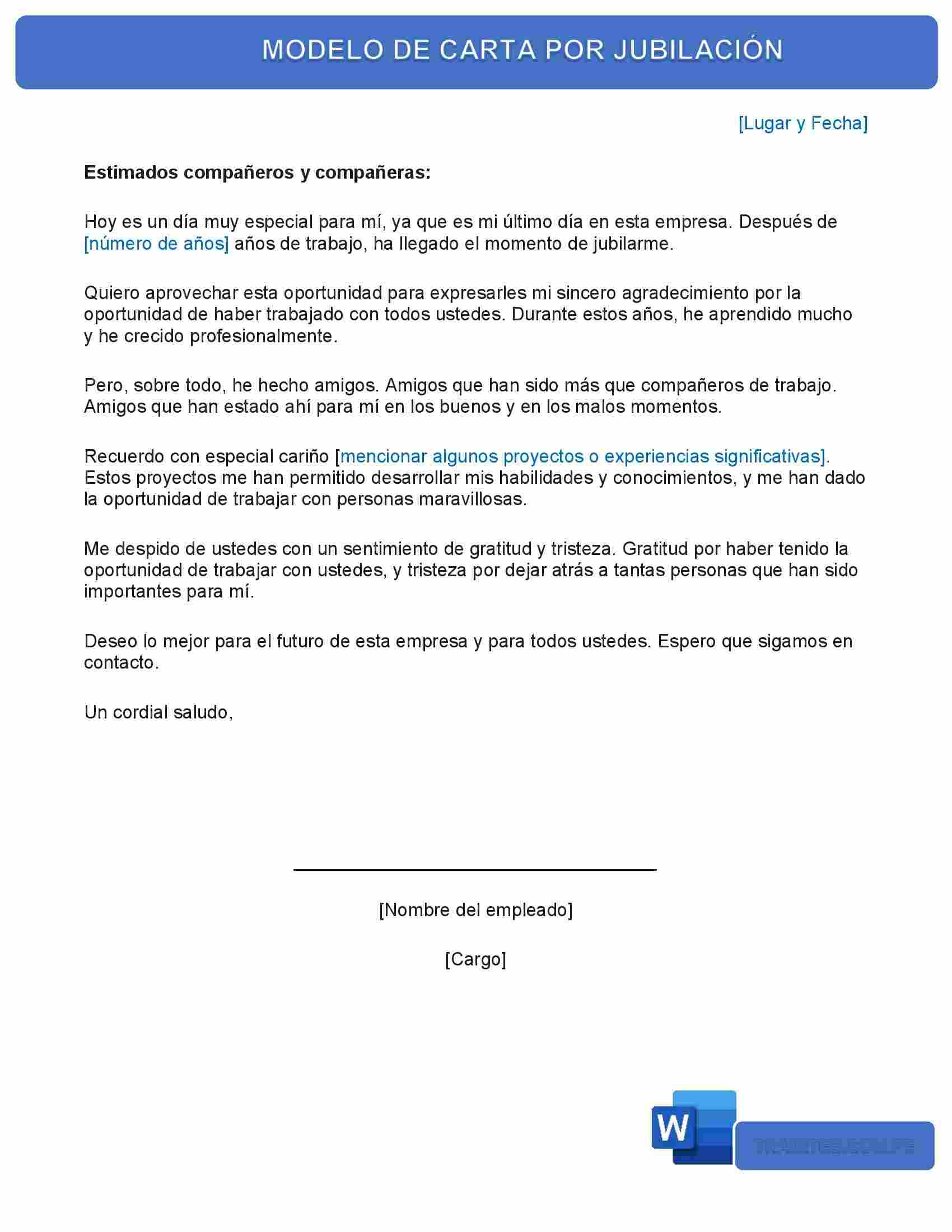 Carta de Despedida por Jubilación Modelo en WORD