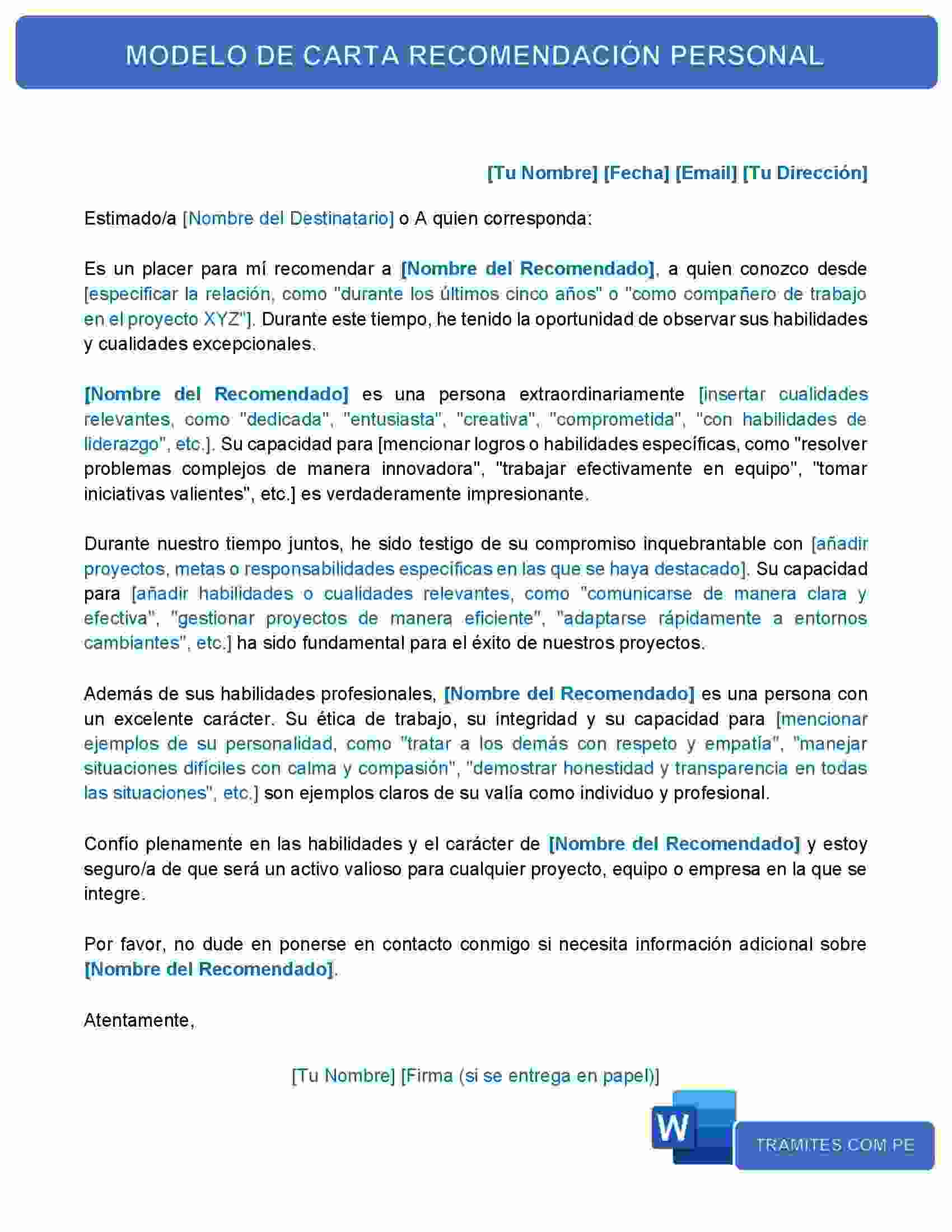 Cartas de Recomendación Personal Descargar enWORD