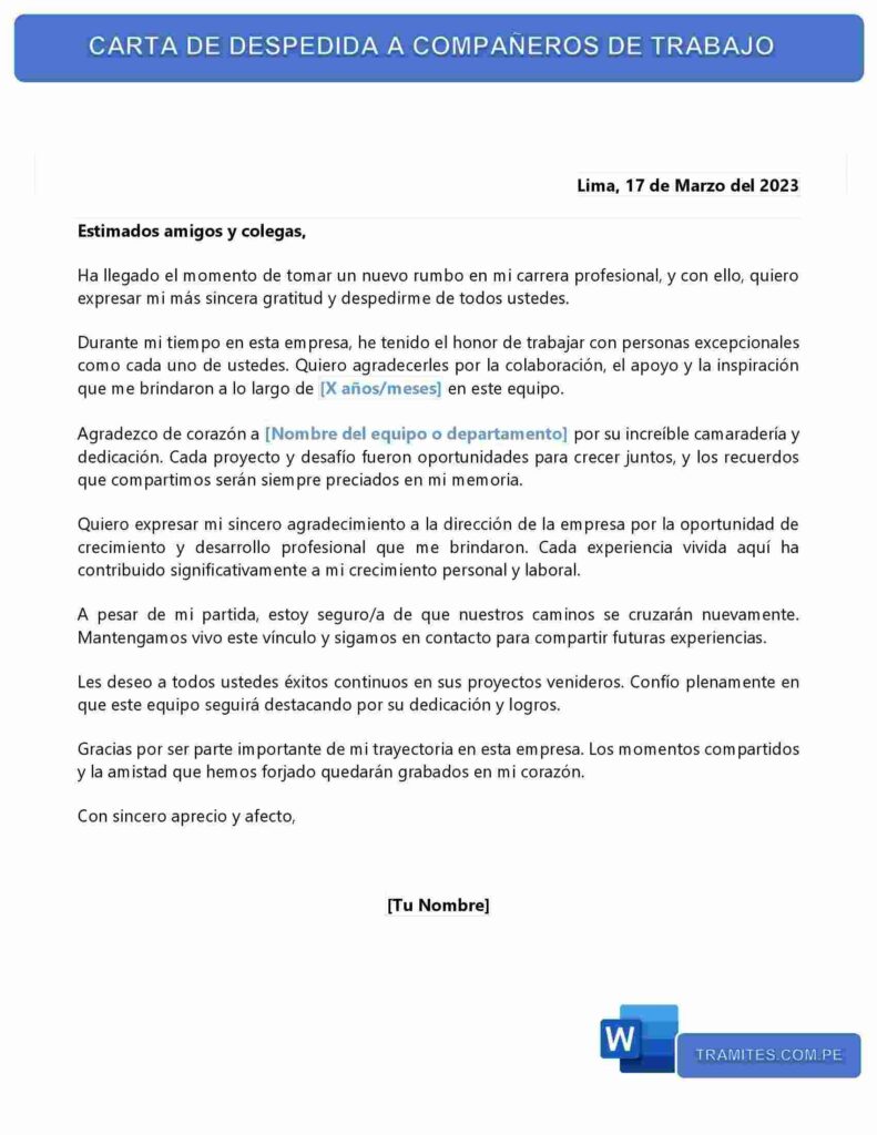 Carta de Despedida a Compañeros de Trabajo