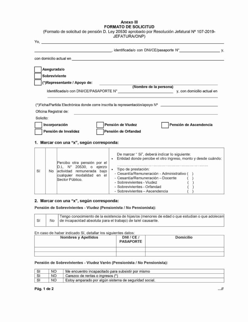 Modelo de solicitud de Pensión de Jubilación ONP