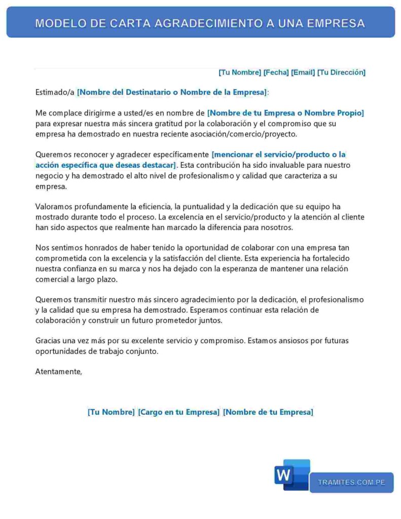 MODELO DE CARTA AGRADECIMIENTO A UNA EMPRESA