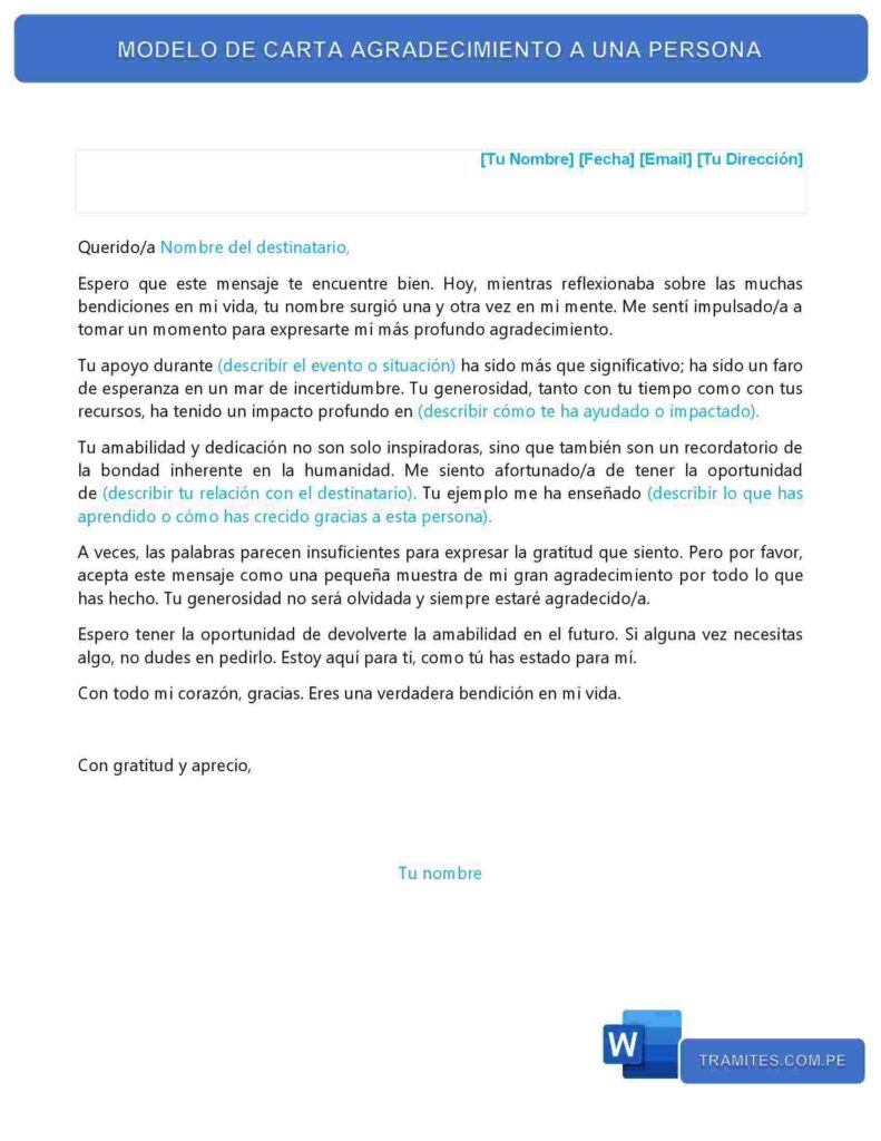 MODELO DE CARTA AGRADECIMIENTO A UNA PERSONA
