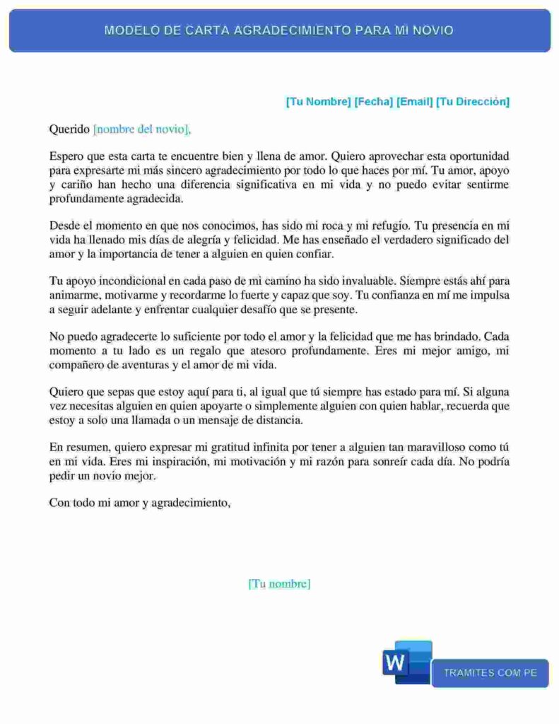 MODELO DE CARTA AGRADECIMIENTO PARA MI NOVIO