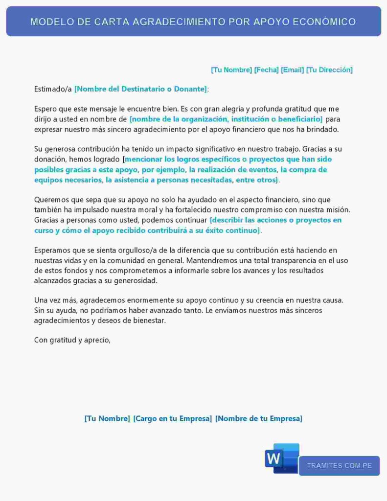 MODELO DE CARTA DE ARADECIEMIENTO POR APOYO ECONOMICO