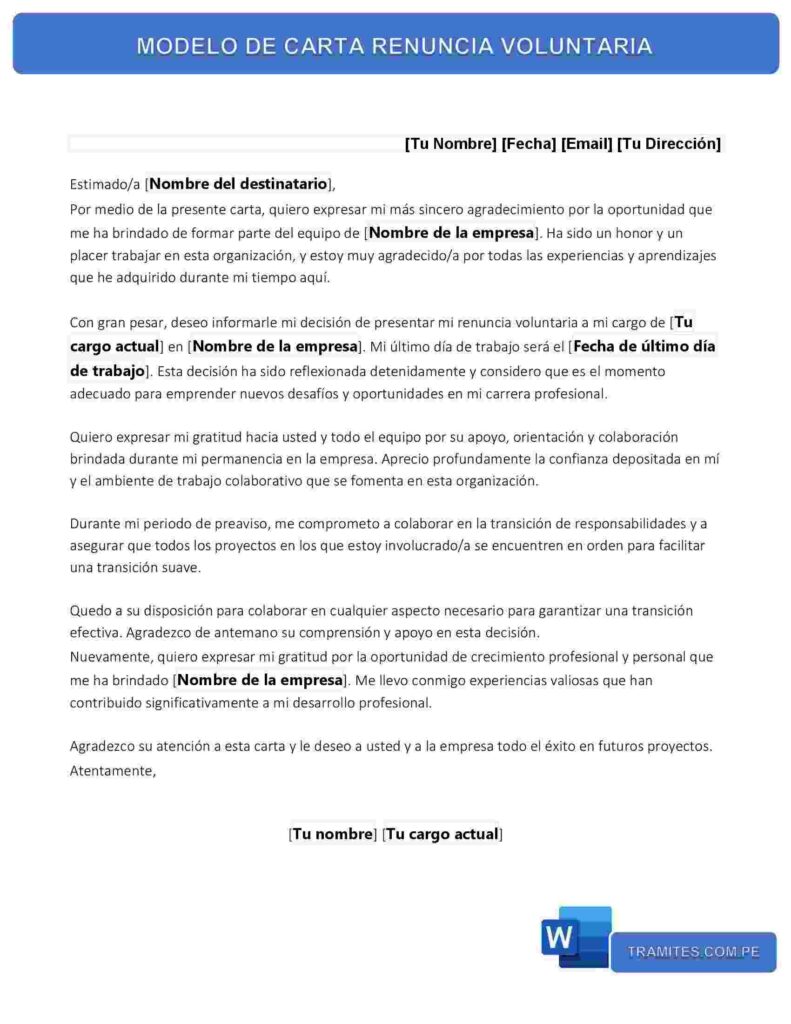 MODELO DE CARTA DE RENUNCIA VOLUNTARIA