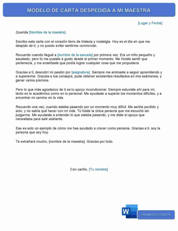 Carta de Despedida para mi Maestra- Modelo en WORD