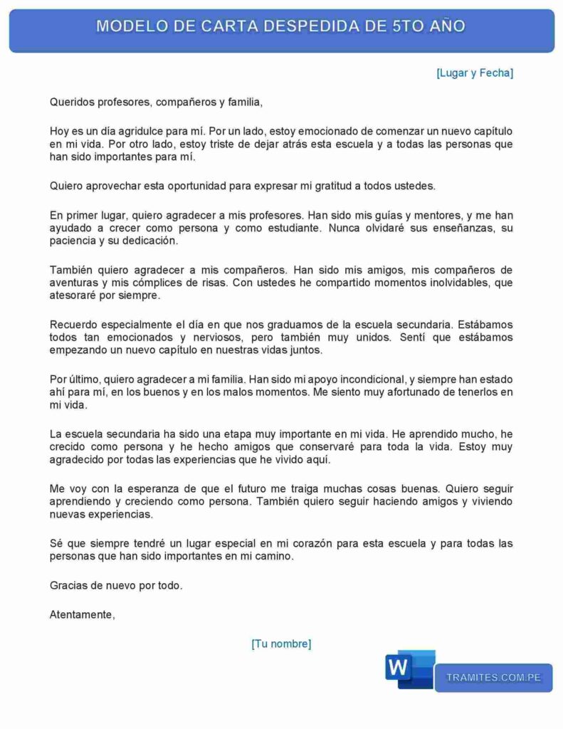 CARTA DE DESPEDIA DE 5TO AÑO