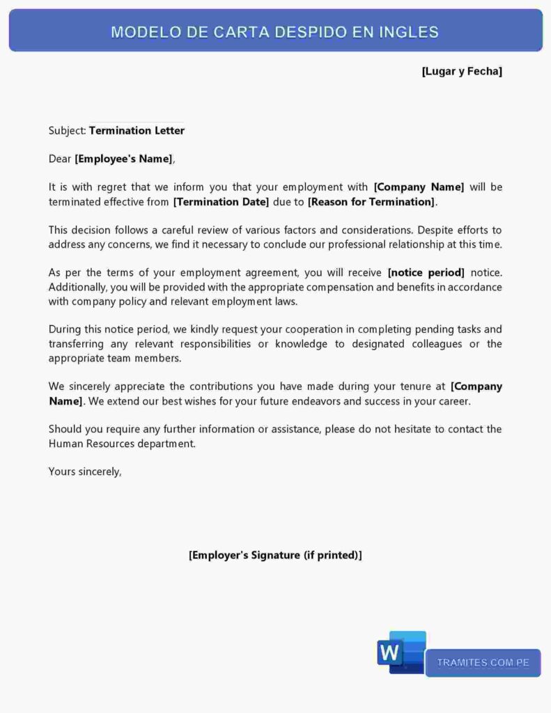 Carta de despido en ingles