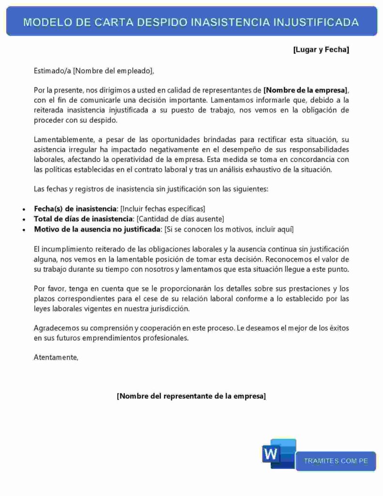 MODELO DE CARTA DESPIDO INASISTENCIA INJUSTIFICADA