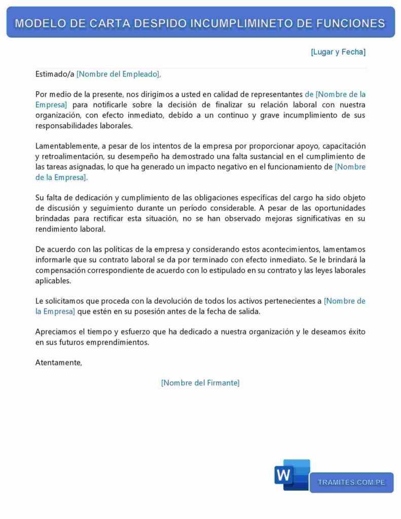 MODELO DE CARTA DESPIDO INCUMPLIMINETO DE FUNCIONES