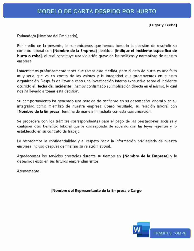 MODELO DE CARTA DESPIDO POR HURTO