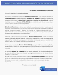 MODELO DE CARTA RECOMENDACIÓN DE UN PROFESOR
