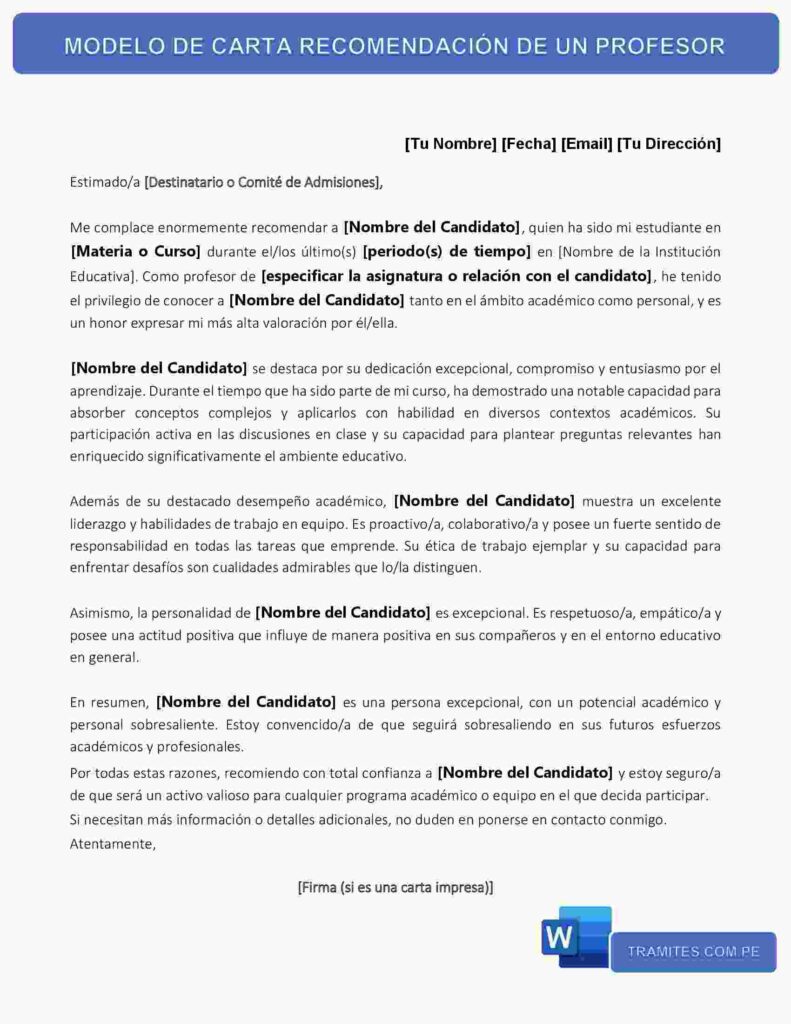 MODELO DE CARTA RECOMENDACIÓN DE UN PROFESOR