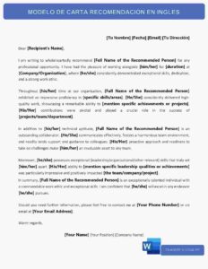 MODELO DE CARTA RECOMENDACIÓN EN INGLES