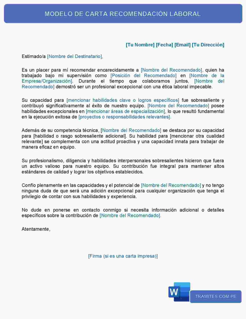 MODELO DE CARTA RECOMENDACIÓN LABORAL