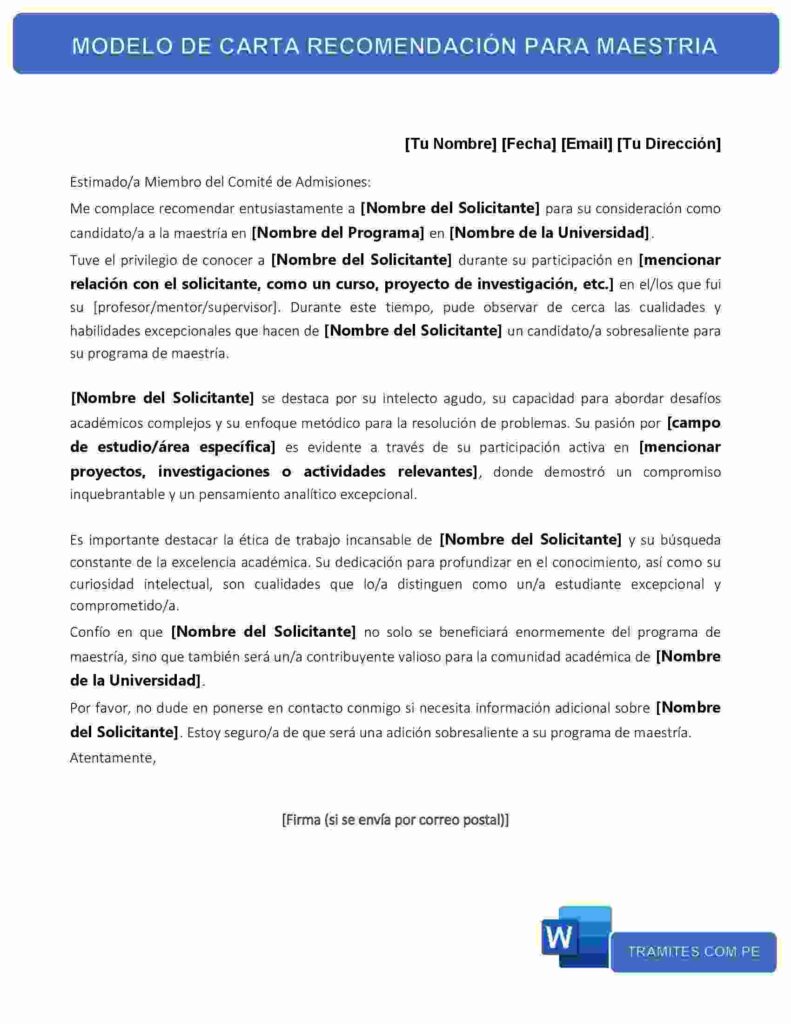 MODELO DE CARTA RECOMENDACIÓN PARA MAESTRIA