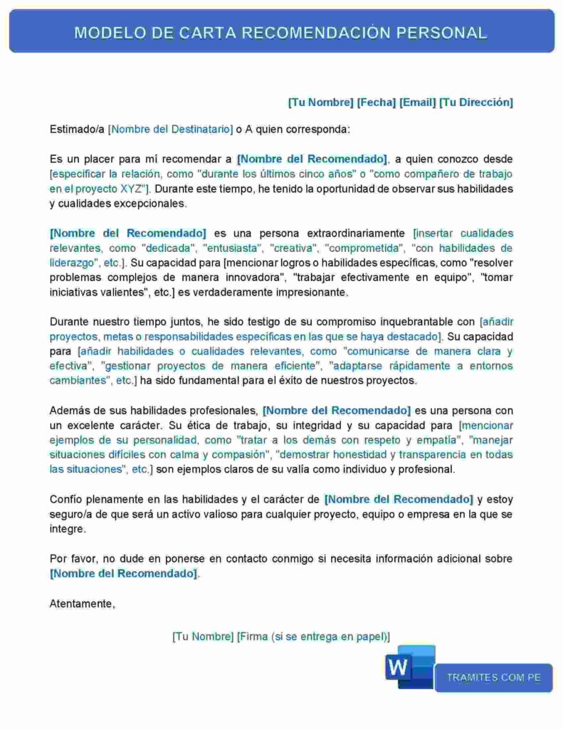 MODELO DE CARTA RECOMENDACIÓN PERSONAL