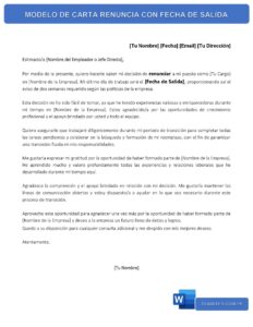 MODELO DE CARTA RENUNCIA CON FECHA DE SALIDA