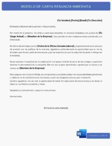 MODELO DE CARTA RENUNCIA INMEDIATA