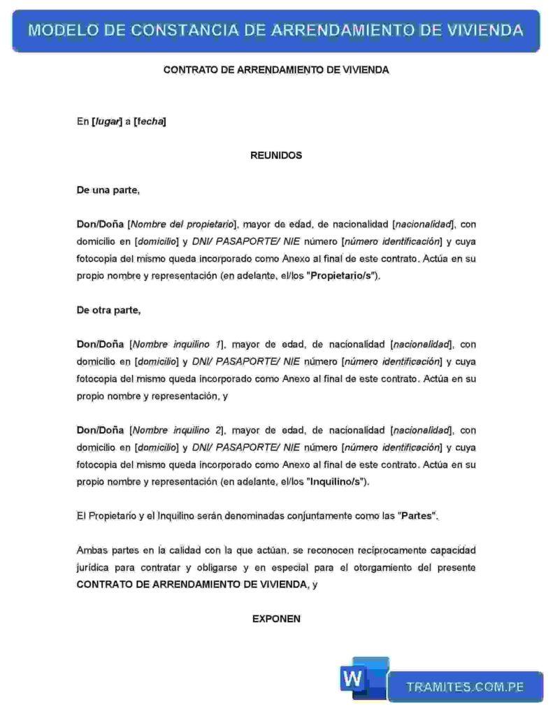 MODELO DE CONSTANCIA DE ARRENDAMIENTO DE VIVIENDA