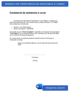 MODELO DE CONSTANCIA DE ASISTENCIA A CURSO