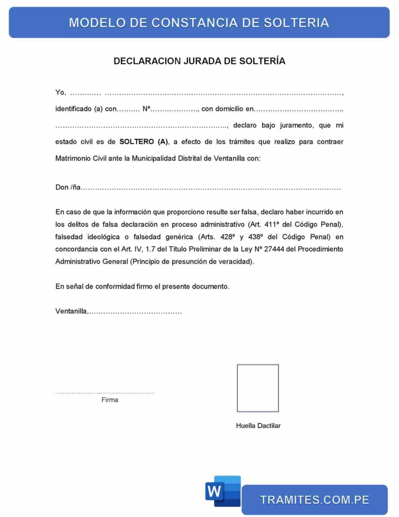 MODELO DE CONSTANCIA DE SOLTERIA