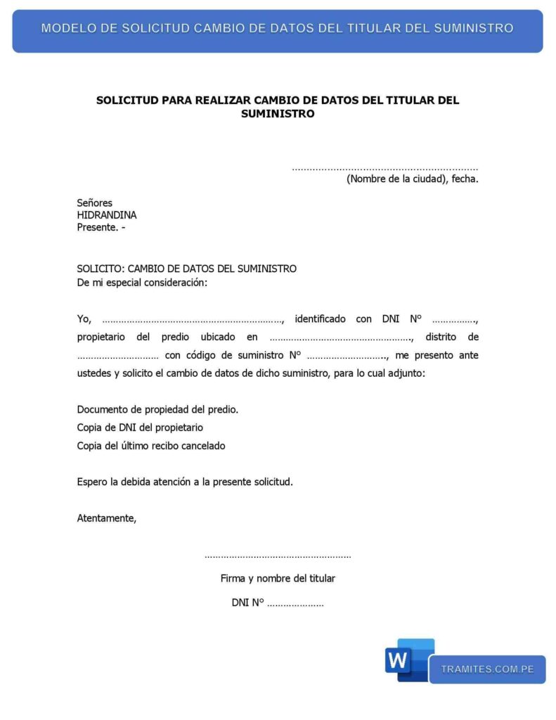 MODELO DE SOLICITUD CAMBIO DE DATOS DEL TITULAR DEL SUMINISTRO