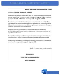 MODELO DE SOLICITUD REINCORPORACIÓN AL TRABAJO 2