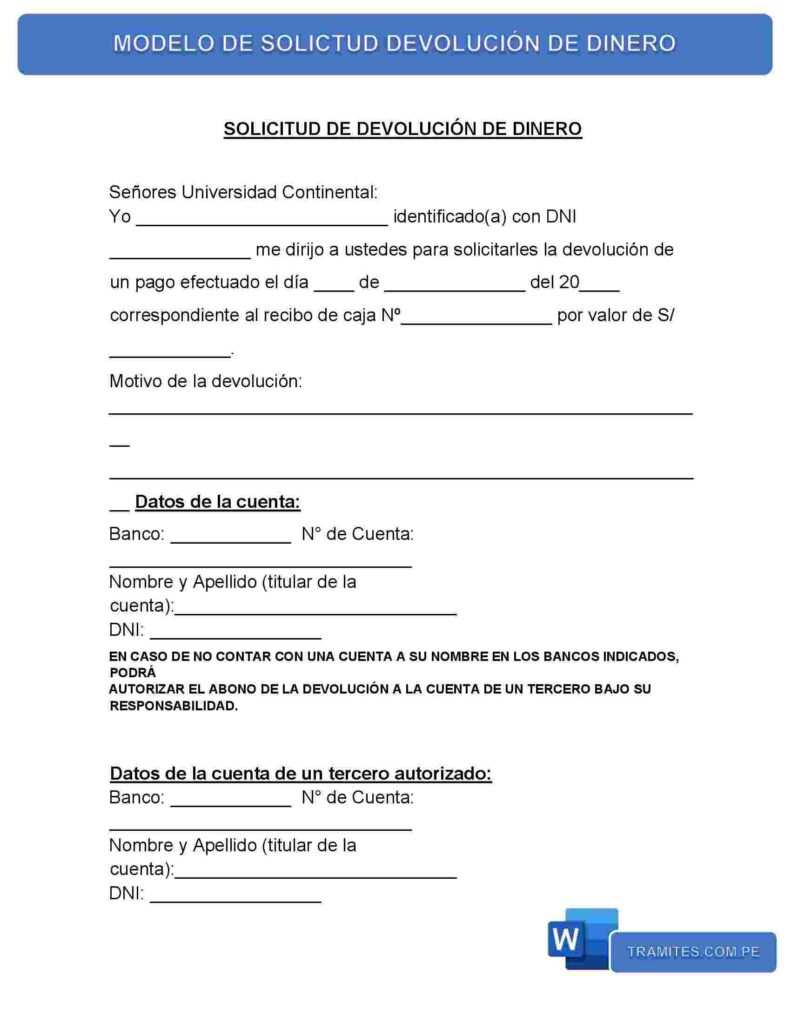 MODELO DE SOLICTUD DEVOLUCIÓN DE DINERO
