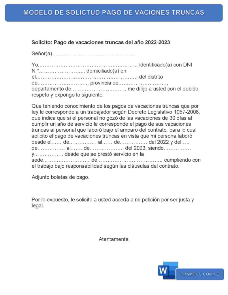 MODELO DE SOLICTUD PAGO DE VACIONES TRUNCAS