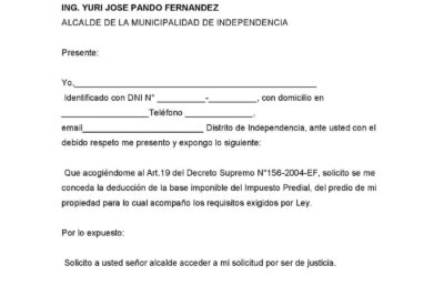 MODELO SOLICITUD EXONERACIÓN DEL IMPUESTO PREDIAL