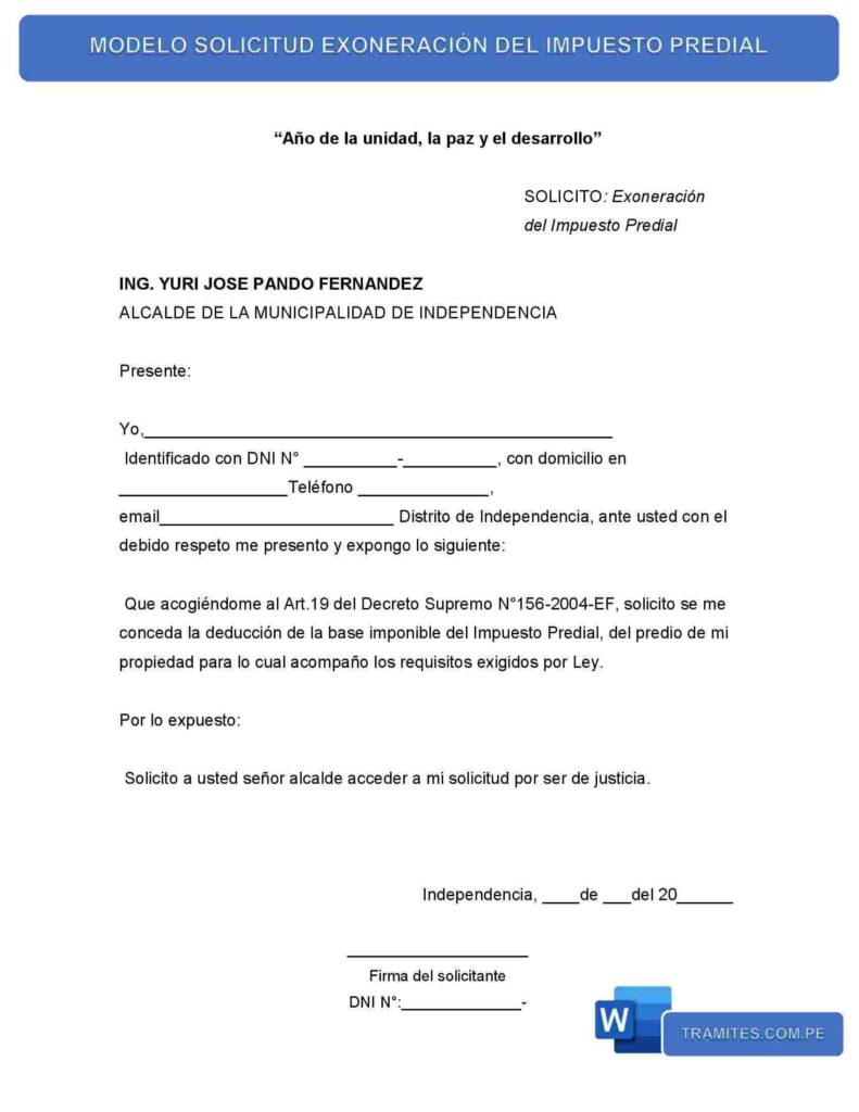 MODELO SOLICITUD EXONERACIÓN DEL IMPUESTO PREDIAL