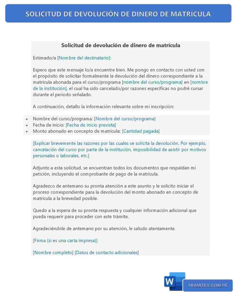 SOLICITUD DE DEVOLUCIÓN DE DINERO DE MATRÍCULA