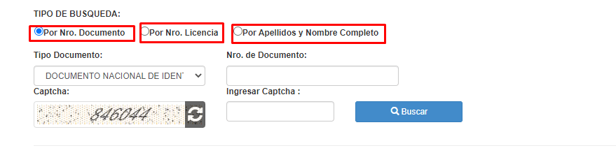 Tipos de busqueda de papeleta del MTC