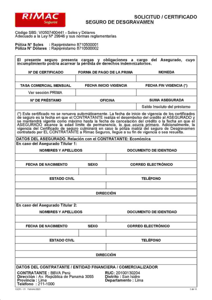 Solicutud Seguro de Desgravamen de RIMAC